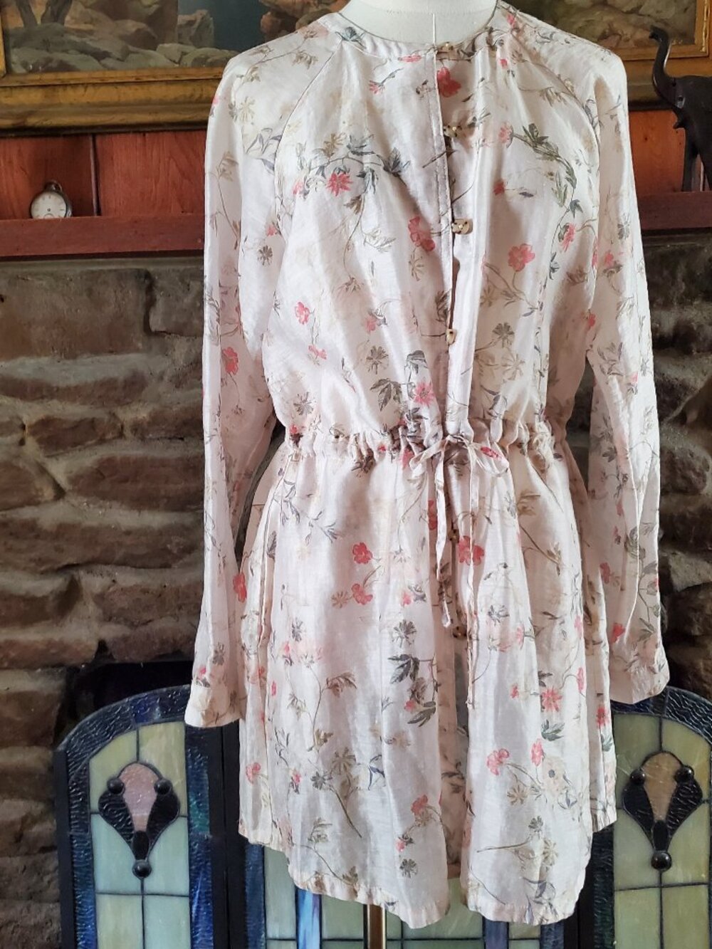 J.Jill Ivory Floral Linen Lyocell Sheer Duster Small Oversize Drawstring Pockets